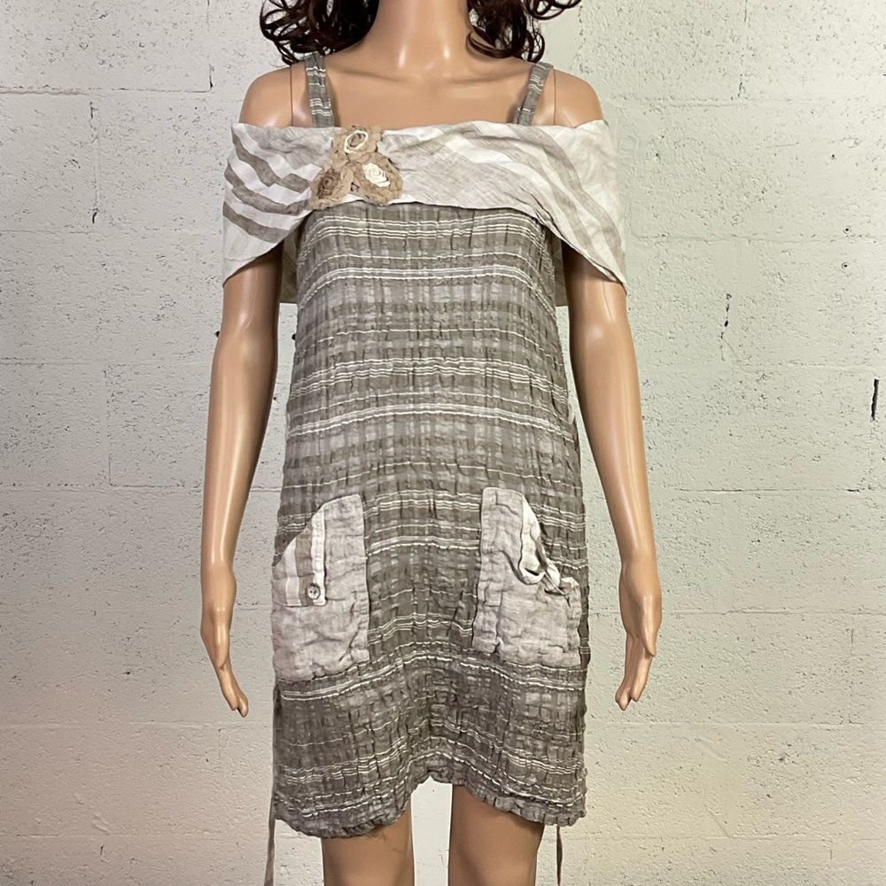 Marila Italy Linen Tan Ivory Cold Shoulder Short Sleeve Mini Dress S/M